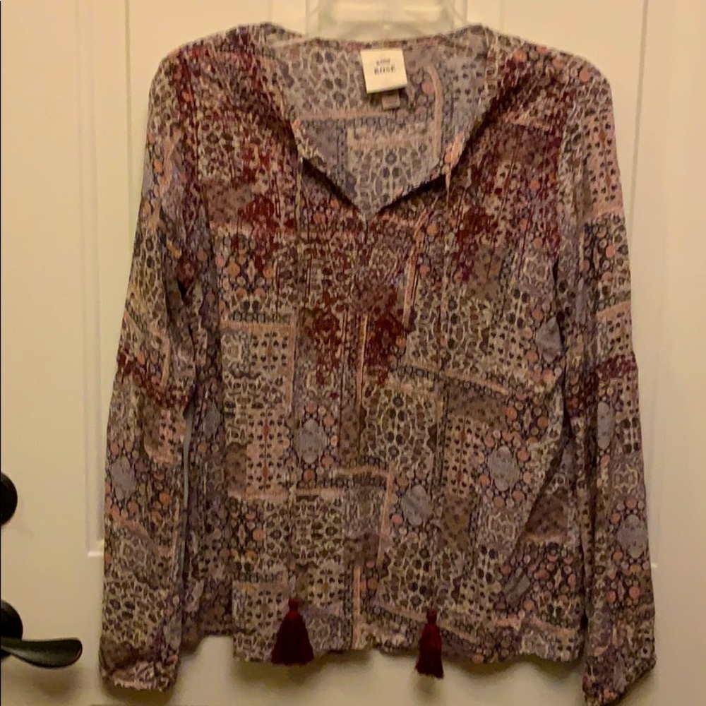 Long sleeve light weight rayon blouse with tassled
